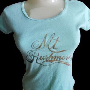 Vintage Wome's T-shirt Small Single Stitch Mt. Rushmore Glitter Aqua 1970's USA